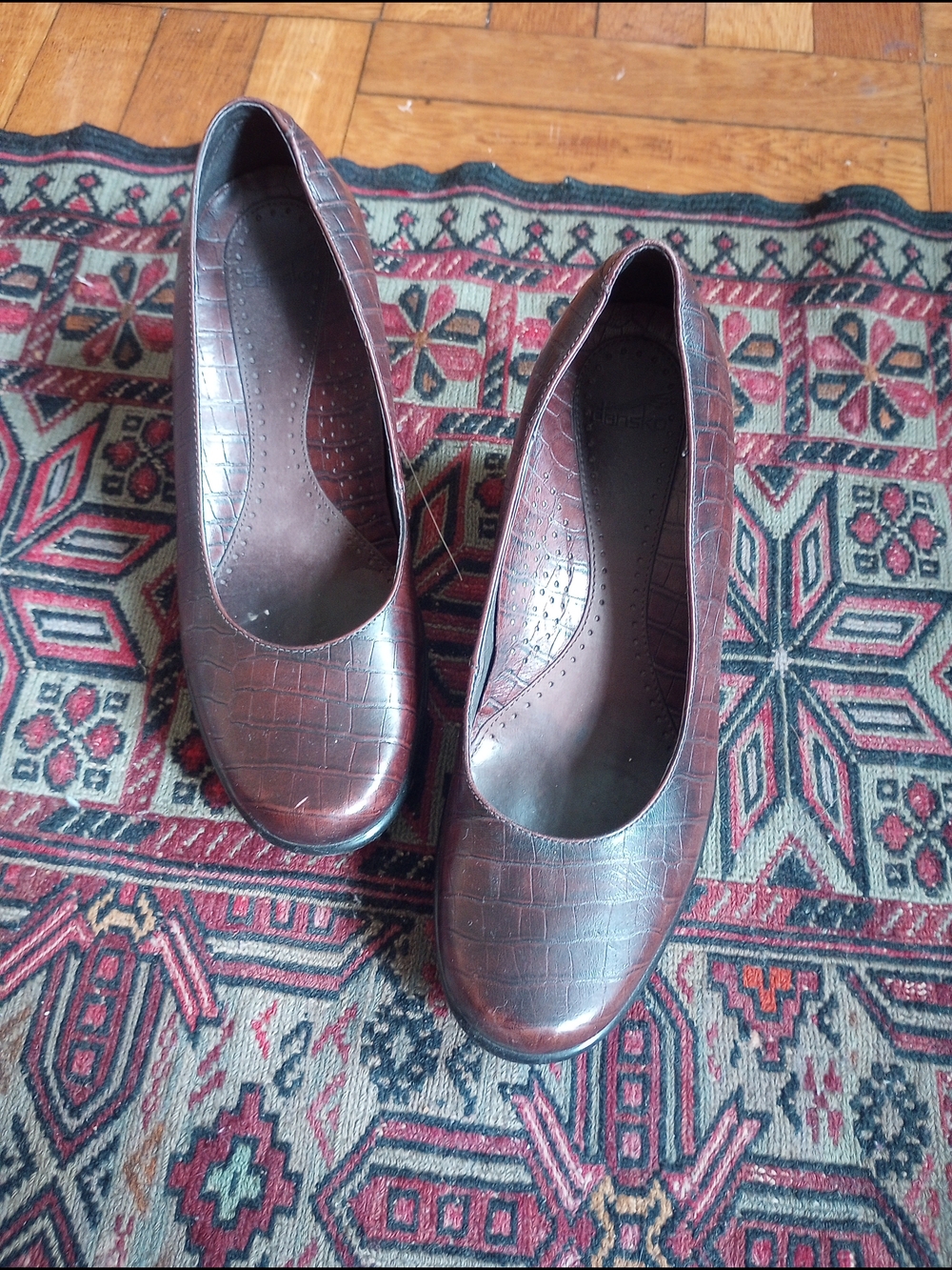 Dansko Brown Croc-Embossed Leather Round-Toe Pumps Small Heel